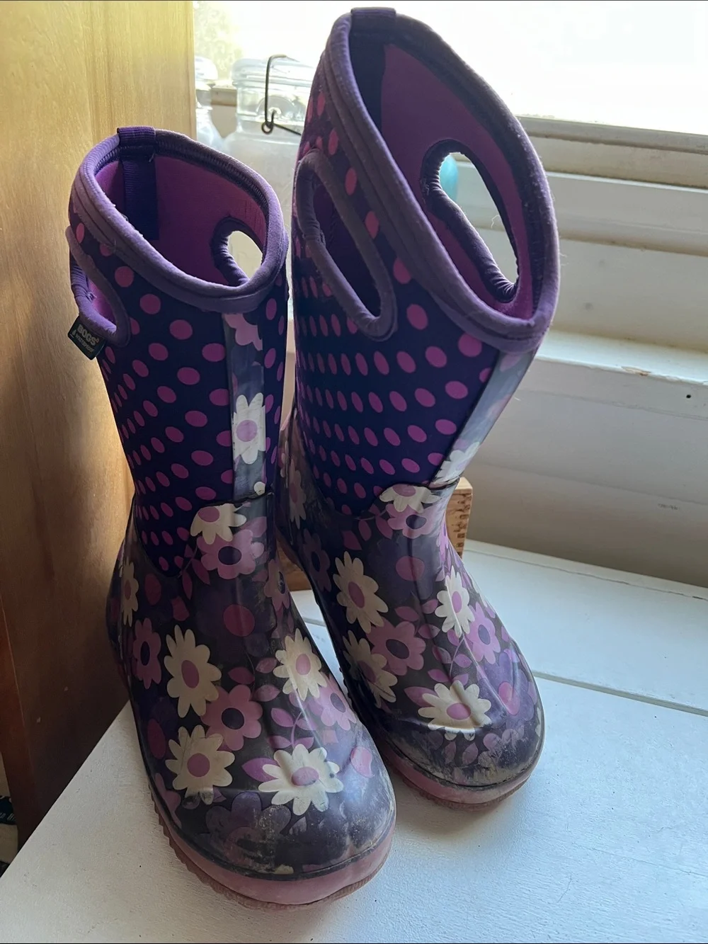Bogs Kids Purple Pink Floral Polka Dot Winter Rain Boots rated -30 youth size 4